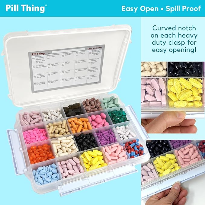 20 Compartment Large Pill Case with Airtight Seal - Silicone Gasket Waterproof Med Box with Medication Map & Medical Alert Card (Clear, 2 Pack)