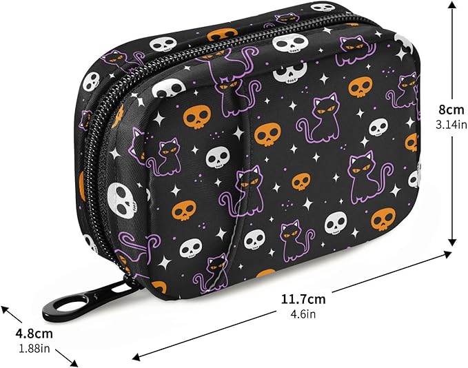 Halloween Skulls and Black Cat Pill Box 7 Day Pill Case Travel Pill Organizer Bag Container for Medicine with Zipper Portable Weekly Case Compact Size for Medicine, Vitamin, Supplement