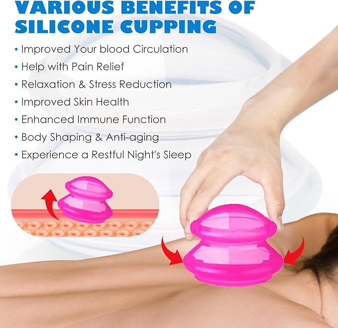 Silicone Cupping Therapy Set -3pcs Massage Cups for Muscle Relief & Cellulite Massage, Home Use Portable Body Sculpting Kit with Large, Medium, Small Cups (Rose Red)