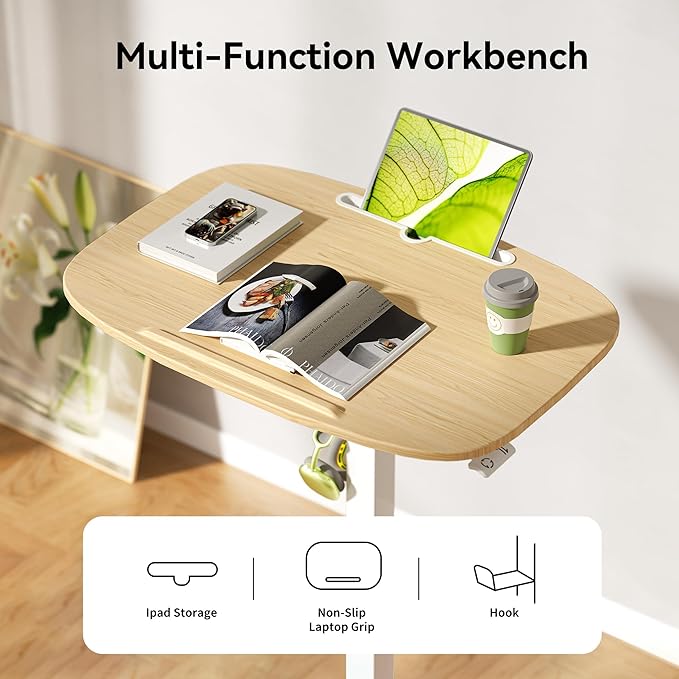 Folding Pneumatic Height Adjustable Mobile Standing Desk with 90° Tiltable Tabletop, 27.2x18.9 Inch Portable Laptop Desk with Wheels, Holds Up to 66.1lbs for Home Office, Study, Oak