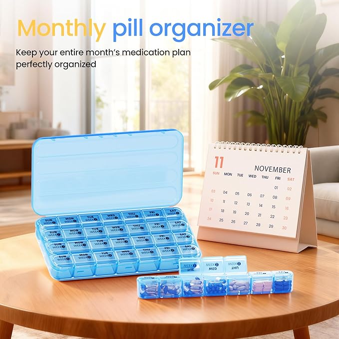 Betife Monthly Pill Organizer 1 Time a Day, 4 Weekly Pill Box Organizer Once a Day, 30 Day Large Pill Case for Travel, 31 Day Daily Medcine Container for Vitamins, Supplement & Medication (Blue)