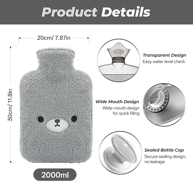 samply Hot Water Bottle with Cute Fleece Cover, Hot Water Bag for Hot and Cold Compress, Hand Feet Warmer, Neck and Shoulder Pain Relief, Grey Bear