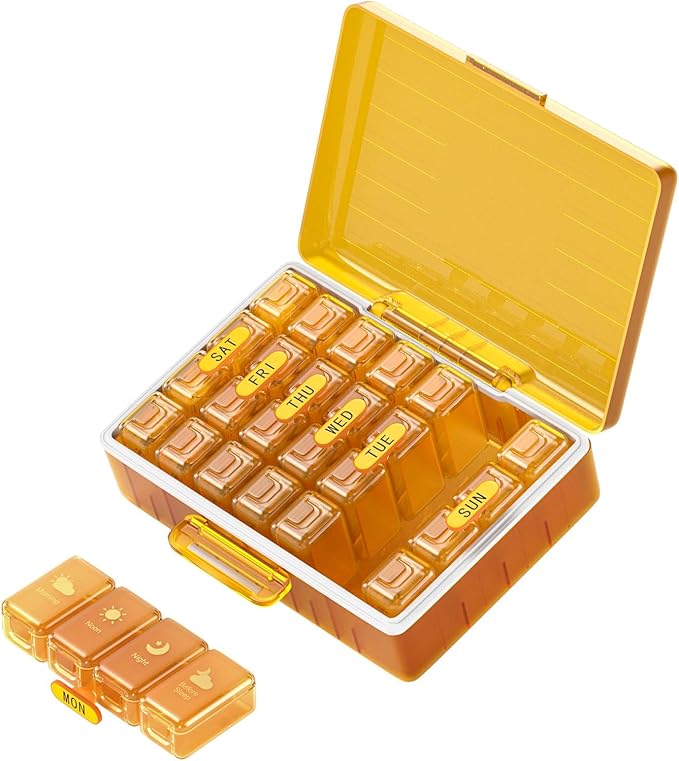 Weekly Pill Organizer 4 Times a Day, Large Compartments Pill Box 4X 7 Day, Medicine Organizer Pill Case for Pills/Vitamins/Fish Oils/Medication/Supplements (Yellow)