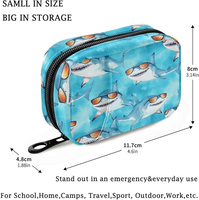 Fustylead Cute Sharks with Orange Glasses Travel Pill Organizer Case Zipper for Purse with Removable Weekly Pill Box for Medicine, Vitamin, Supplement Medicine Organizer