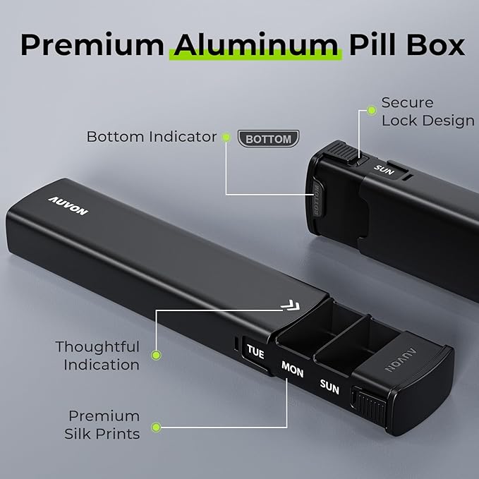 AUVON Metal Weekly Pill Organizer with Slide Design, Stylish Travel Pill Box 7 Day for Privacy Protection, Aluminum Alloy Pill Case with Large Compartment for Supplements, Fish Oil (Black)