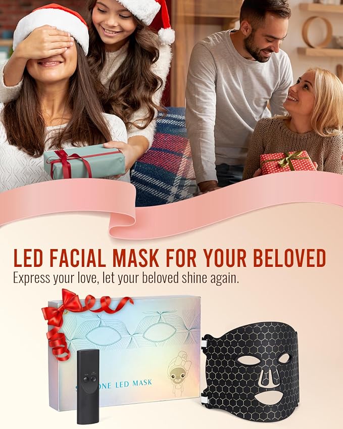 LED Light Therapy Face Mask for Full-face Wrinkles, 4 Colors Red Light Therapy Facial Mask, Rechargeable Portable for Travel and Home Use (Black)