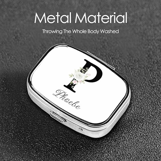 Custom Pill Box Personalized Square Small Pill Case with Mirror Add Your Photo Text Logo Name Decorative 2 Compartment Portable Metal Medicine Container Vitamin Organizer for Pocket Purse Travel (P)