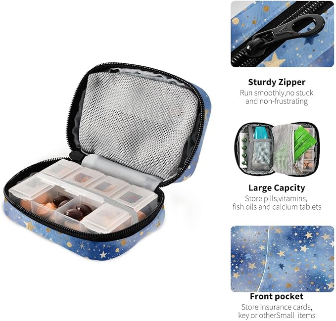 Blue Romantic Golden Stars Travel Pill Organizer Case Box Container Weekly Portable Vitamin Medicine Holder Storage Bag with Zipper Removable