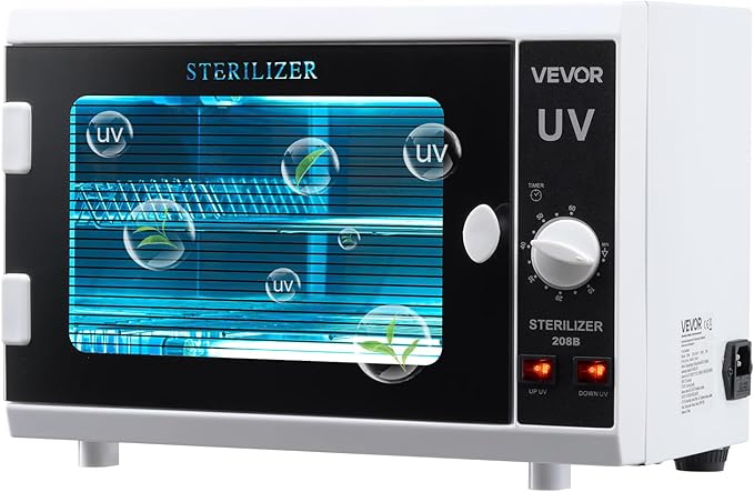VEVOR Nail Tool Cleaning Machine, 12L Large Capacity, Knob Control, Tool Cabinet Cleaner Box with Timer Setting, Tempered Glass Door, 185nm Wavelength, for Labs, Home, Nail Salons, Beauty Salons