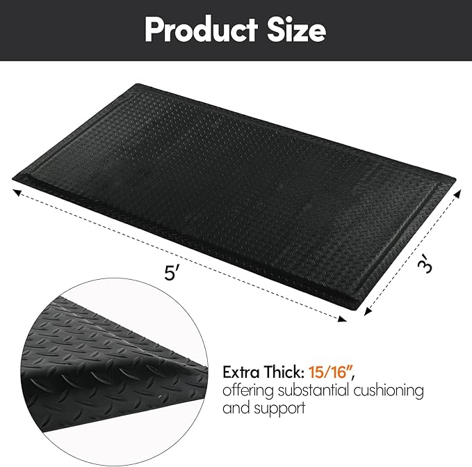 Nisorpa Anti Fatigue Mats Industrial 3' x 5' Ergonomic Standing Mat 15/16" Extra Thick Cushioned Shop Floor Mats Kitchen Mats Heavy Duty Commercial Diamond Plate Support for Leg & Back Pain, Black