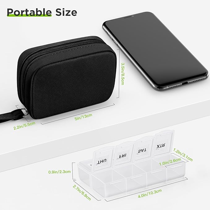 Zannaki Cute Pill Organizer for Purse with Two Removable 7-Day Pill Box, Travel PU Leather Pill Case, Portable Weekly Pill Container with Storage Bag to Hold Vitamins, Fish Oils, Supplements (Black)