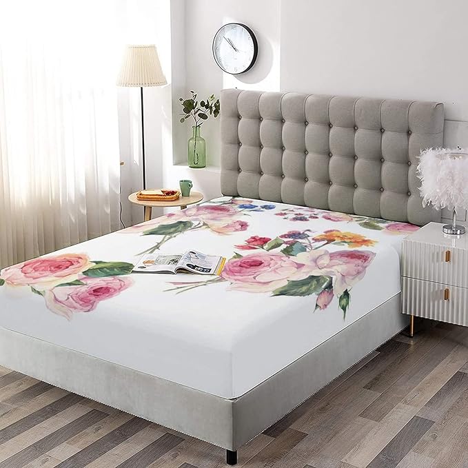 XISUNYA Decorative Bedding Sheet Set Queen Size, Rose Deep Pockets Fitted Sheet & 2 Pillow Sham Set, Vintage Floral Bouquets with English Roses Wildflower Print Microfiber 3pc Bed Sheets Set