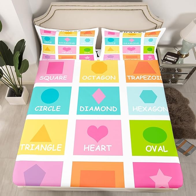 Feelyou Kids Shapes Fitted Sheet Full Size, Educational Bed Sheet Set Boys Girls Preschool Bedding Set Learning Teens Bedroom Decor Lightweight Bed Set (No Flat Sheet)