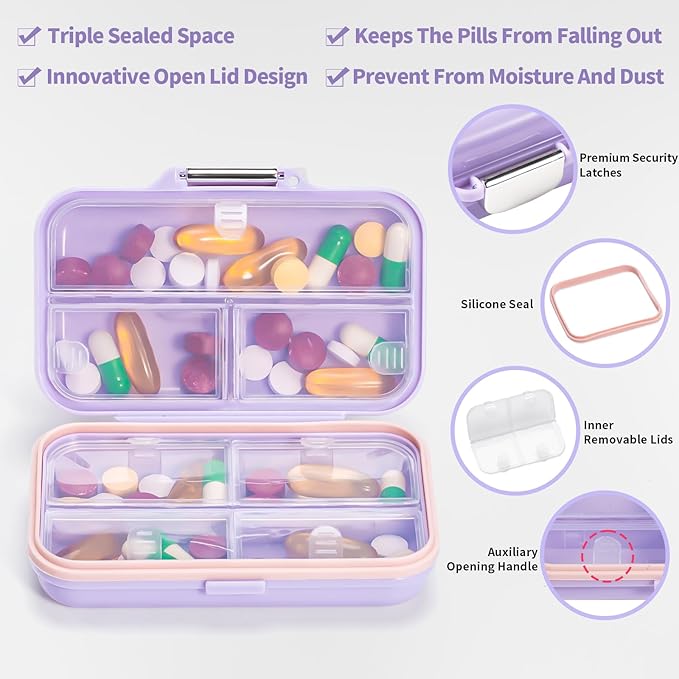 Daviky Travel Pill Organizer,Large 7-Compartment Pill Box for Vitamins & Medications, Compact Medicine Case for Pocket or Purse(Purple)