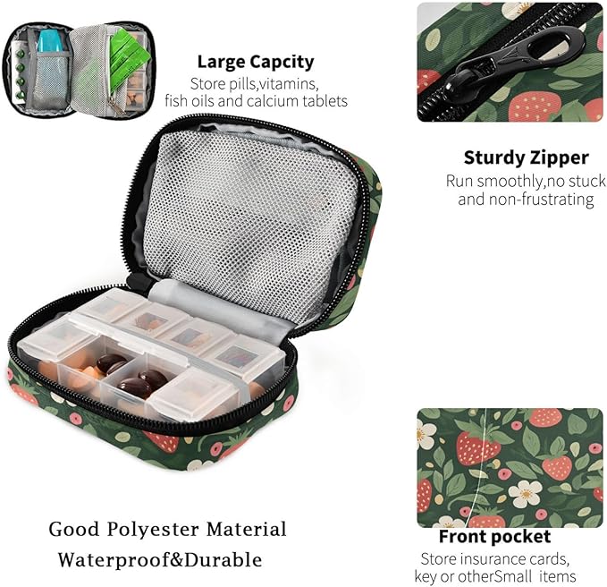 Fustylead Hand Draw Cute Strawberry and Floral Pill Organizer for Purse, Weekly Portable Pill Box with Zipper to Storage Vitamins Fish Oils Medications Supplements