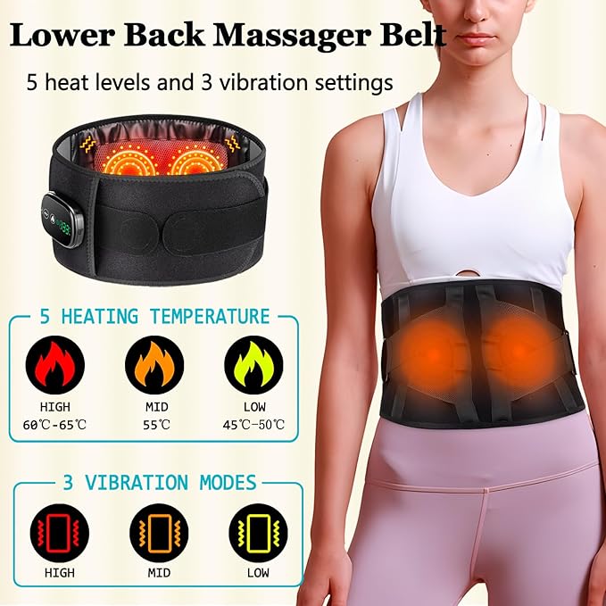 Cordless Heating Pad with Massager, Back Brace Heating Pad for Back Pain Relief, Heated Back Support Belt with 3 Heating & Vibration Modes, Rechargeable Low Back Massager for Women Men