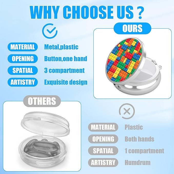 Building Blocks Pill Case, Pill Box 3 Compartments Metal Small Pill Holder with Mirror Mini Travel Pill Container for Purse Pocket Women Men