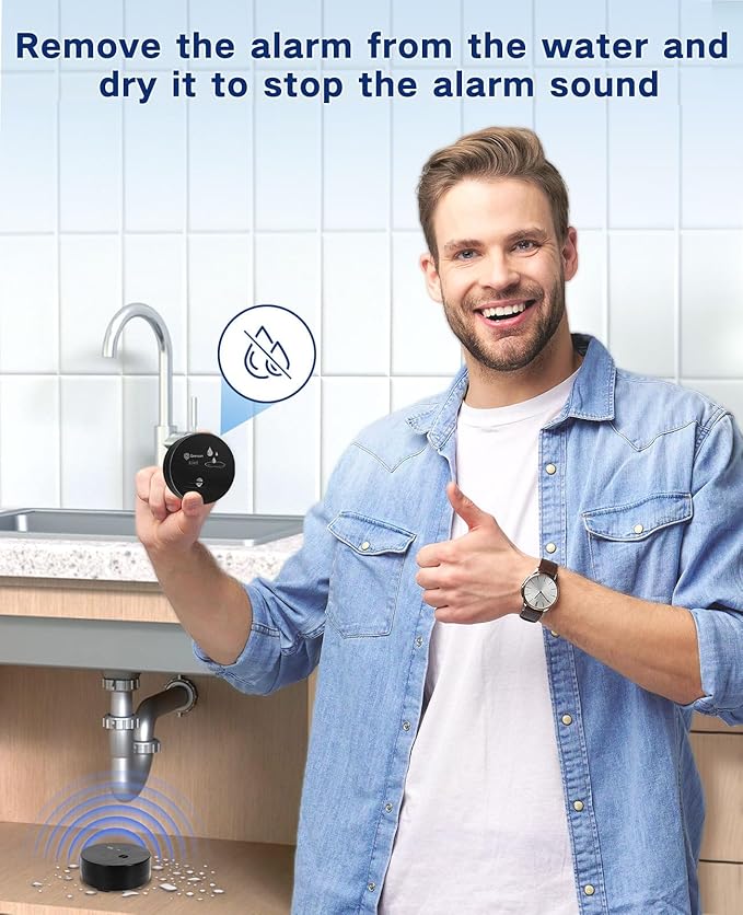 Geevon 4 Pack Water Leak Detectors, 100dB Water Sensor Alarms Flood Detector for Basements, Bathrooms, Laundry Rooms, Kitchens, Garages, and Attics, Water Alarms Battery-Operated (Battery Included)