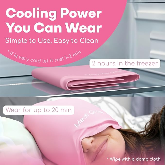 Medi Grade Migraine Relief Cap Pink - Cooling Compression Headache Relief Cap with Full Coverage - Soft Flexible Fabric Gel Migraine Cap that Blocks Light, Reusable Migraine Mask for Cold Therapy