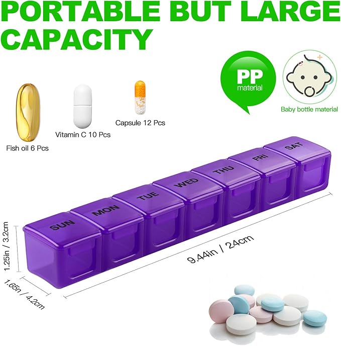 Pill Organizer XL Extra Large Weekly and Daily Pill Cases for Pills/Vitamin/Fish Oil/Supplements (Purple)