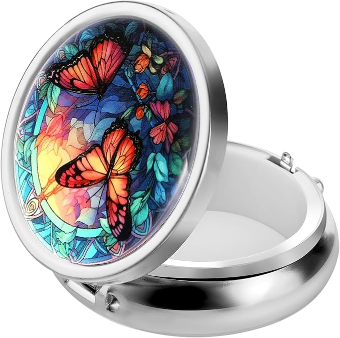 Pill Box Cute Small Pill Box for Purse & Pocket Medicine Organizer Travel Pillbox Waterproof Pill Case Metal Pill Container Holder for Vitamins, Fish Oil, Supplements (Silver Butterfly)