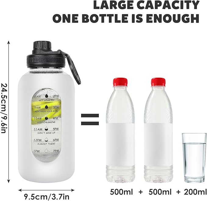 40oz Glass Water Bottle with Handle Lid Time Marker Motivational Sport Water Jug with Silicone Sleeve Water Flask Canteen Wide Mouth Water Bottle for Gym Workout Travel Office Home Everyday Hydration