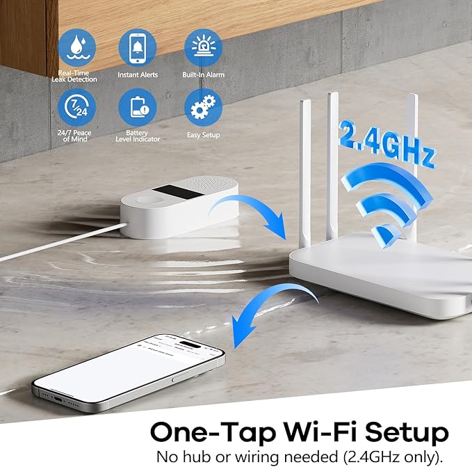 2-Pack WiFi Water Leak Detector, Battery Powered Water Sensor Alarm with 130dB Siren & 3.2FT Extended Cable Probe, App Alerts, No Hub Required for Home Basement Kitchen Bathroom