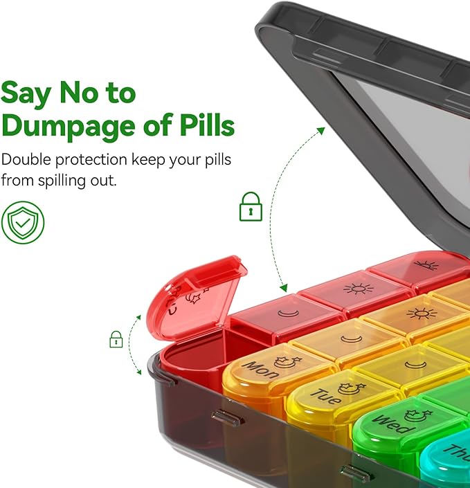 Zoksi Pill Organizer 4 Times a Day, BPA Free Weekly Travel Pill Box，Daily Pill Case with 28 Compartments to Hold Medicine, Vitamin and Supplement(Black)