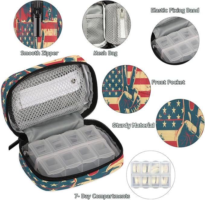 American Flag Peace Sign Travel Pill Organizer Box Weekly Portable Pill Case Daily Pills 7 Day Small Birth Control Pills Container Removable Compartments for Medicine Vitamins Fish Oil