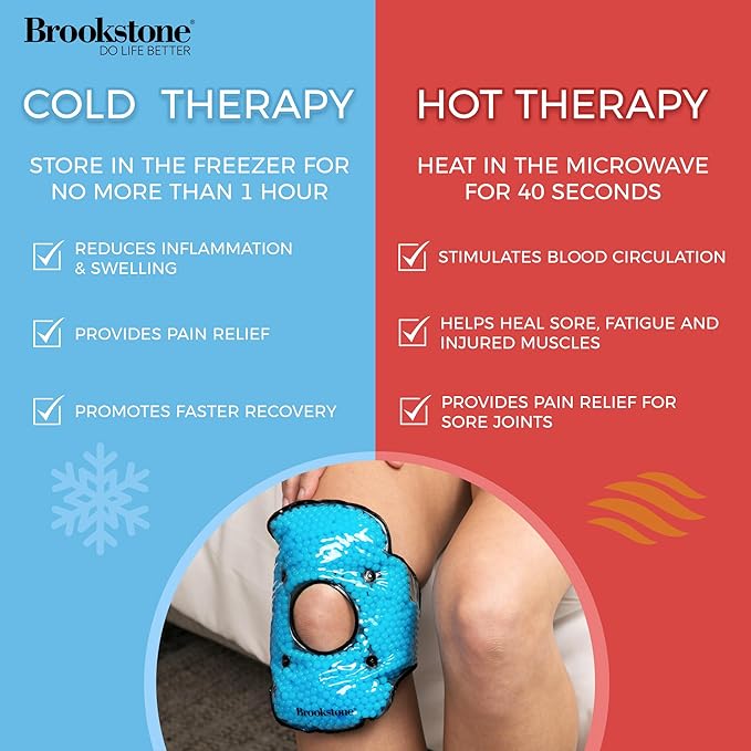 Brookstone Knee Ice Pack Wrap With Silica Beads - Hot and Cold Therapy for Pain Relief - Reusable for Swelling, Injuries, and Post-Surgery Recovery - Azure Blue