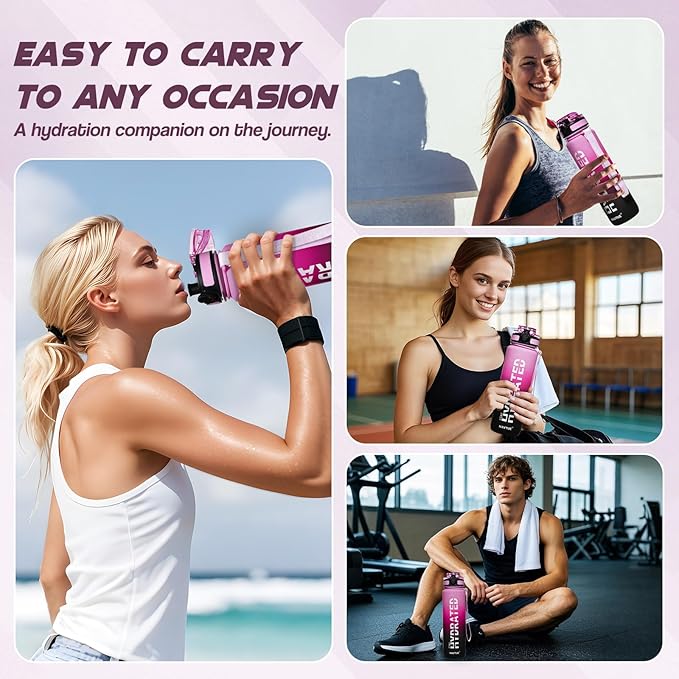 Water Bottle, 32 oz Sports Water Bottles with Time Marker Wide Mouth, Motivational and Leakproof Drink Bottle, BPA Free Tritan with Carry Strap for Gym Fitness Outdoor(1 Bottle)