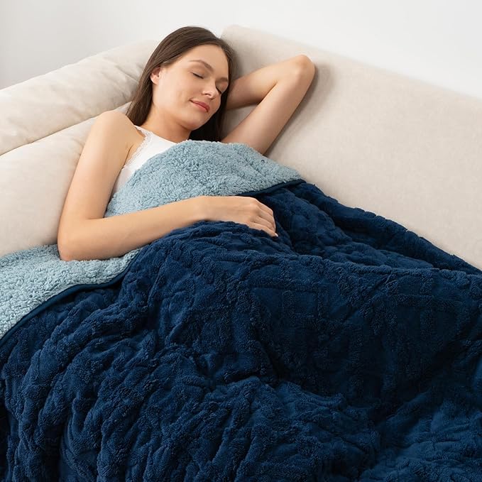 Wemore Weighted Blanket for Adults Twin Size 20 lbs, Dual Sided Soft Fuzzy Jacquard Sherpa Weighted Blankets for Sleeping, Cozy Fluffy Knitted Heavy Blanket for Couch Bed, Navy Blue, 60 x 80 inches