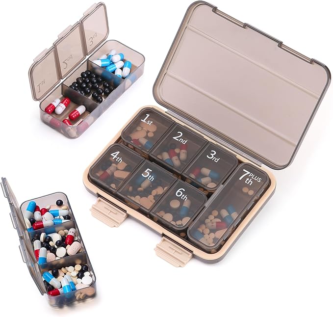 RICHCEE Weekly (7-Day) Pill Organizer, 7 Compartments Combined Pill Box, Medicine Planner for Fish Oil/Vitamin Organizer/Supplement (Darkbrown)