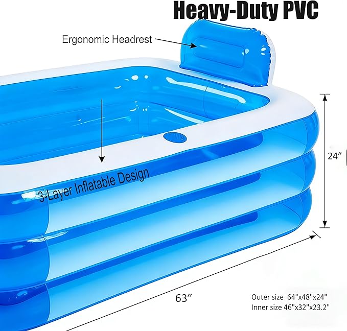 Double Inflatable Bathtub for Adults with Electric Air Pump, Portable 2-Person Spa Tub for Outdoor/Indoor Use, Includes Bath Pillow, Drain & Cup Holder, Foldable Storage, Blue