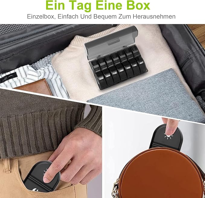 Daily Pill Organizer for Women and Men with 7 Compartments, Large Capacity, Water Resistant, Leakproof, Durable, Easy to Carry (Black)