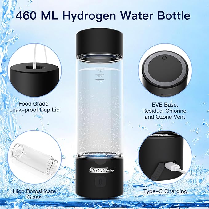 Hydrogen Water Bottle Generator, 2500ppb Portable Water Ionizer Machine with SPE/PEM Technology in 3-Minute Electrolysis, Rechargeable Hydrogen Rich Glass Cup for Home Office Travel & Fitness, Black