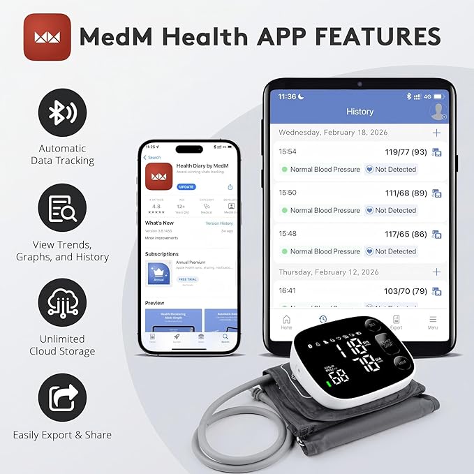 Blood Pressure Monitor Automatic Upper Arm BP Machine for Home Use with Bluetooth App Sync 2x120 Memory Accurate Reading, Large LED Backlit Display Adjustable Cuff 8.7"-16.5" with Storage Bag