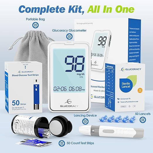 Glucoracy G-425-2 Blood Glucose Monitoring System,Blood Sugar Test Kit with Lancing Device, 50 Test Strips and 50 Lancets for Diabetes, Home Testing Kit