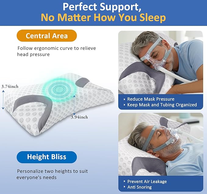 IKSTAR CPAP Pillow for Side Sleepers – Fits All CPAP Mask Types – Adjustable Memory Foam with Contoured Cutouts for Side, Back & Stomach Sleepers – Reduces Air Leaks & Mask Pressure a Better Sleep
