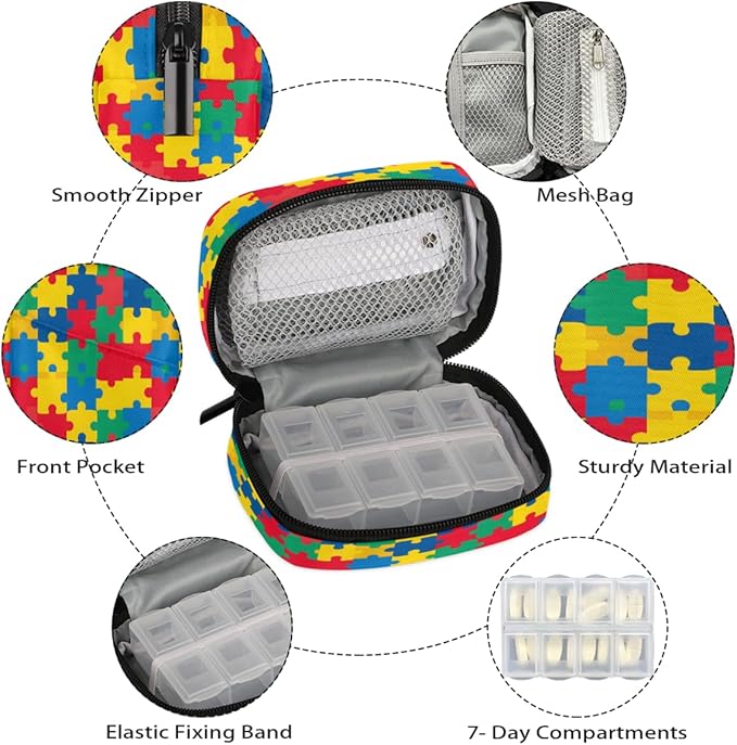 Color Autism Puzzle Pill Case Everyday Travel, 7 Day Weekly Medicine Pill Box Compact Portable Pills Bottle Organizer with Zipper for Daily Vitamin Medicine Holder Bottle Organizers Bag