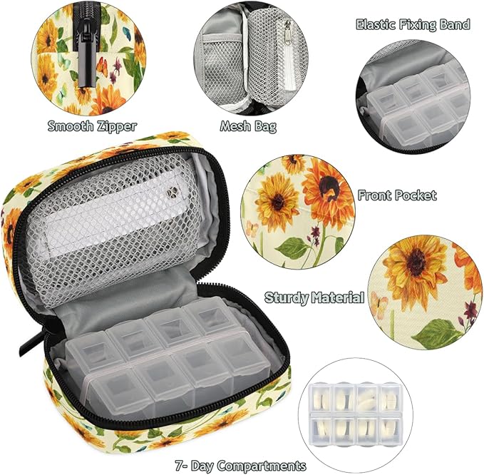 Butterfly Sunflower Leaf Flower Travel Pill Organizer Box Weekly Portable Pill Case Daily Pills 7 Day Small Birth Control Pills Container Removable Compartments for Medicine Vitamins Fish Oil