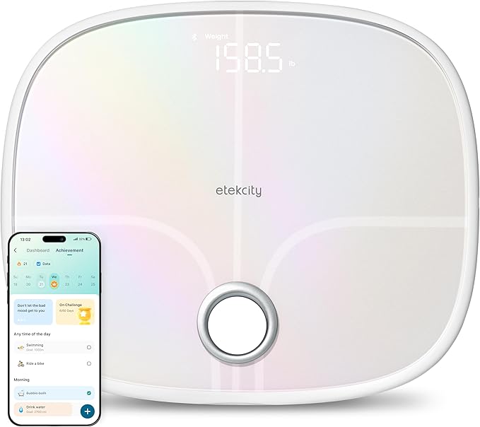 Etekcity Smart Rechargeable Scale for Body Weight, BMI, Fat, Muscle Mass, FSA&HSA Eligible, Digital Bathroom Scale with 13 Metrics, Secret Mode, Bluetooth Connect to Free Apps, Rainbow White