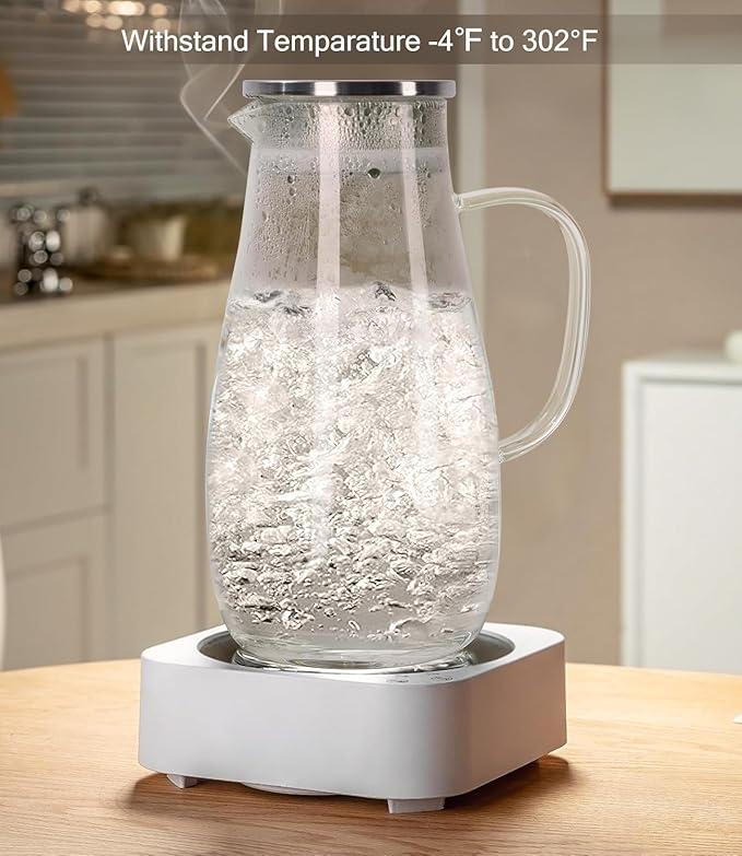 Glass Pitcher, Glass Water Pitcher with Lid and Handle for Fridge, 2 Quart Borosilicate Water Jug for Hot/Cold Drinks, Iced Tea, Juice and Coffee Beverage, Heat Resistant