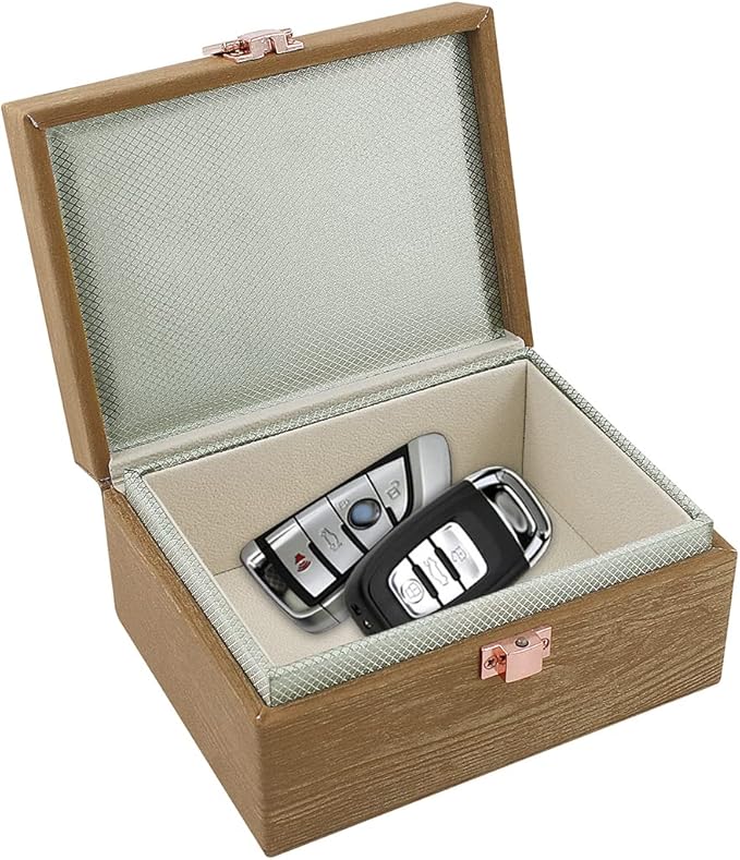 JXE JXO Faraday Box, Faraday Key Fob Protector, Faraday Cage, Key Fob Signal Blocker Box (Mini Imitation Wood)