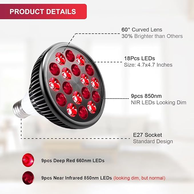 Wolezek LED Red Light Lamp with Stand, Adjustable Tripod 15"-61", 18 LEDs 660nm & 850nm Combo, E26 Standard Socket, Aluminium Shell, Black