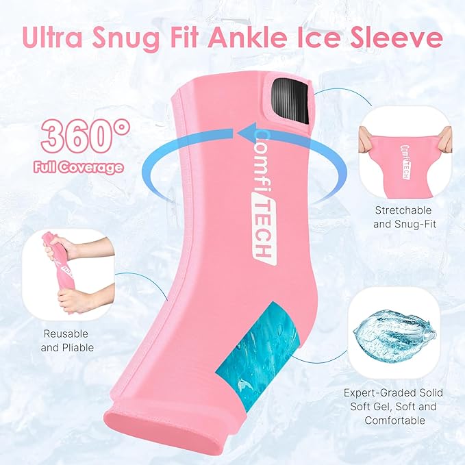 Comfitech Ankle Ice Pack Wrap Sleeve with Large Opening, Reusable Gel Cold Pad for Foot and Heel, X-Large, 2 Packs, Pink
