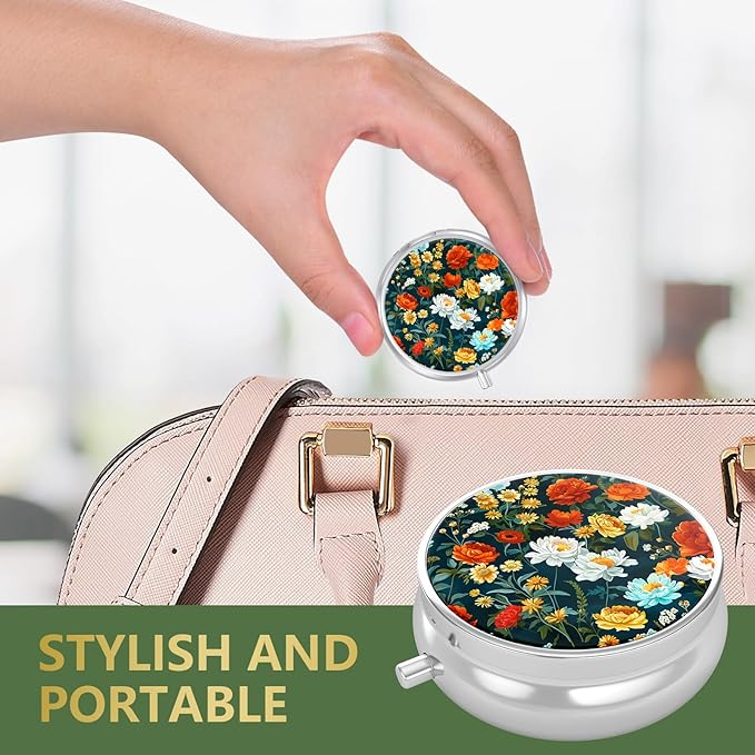 Nipichsha Pill Box, Small Pill Case for Purse & Pocket, Cute Travel Medicine Organizer, Portable Medicine Container Holder to Hold Vitamins, Medication, Fish Oil & Supplement, B01-Beautiful Flowers