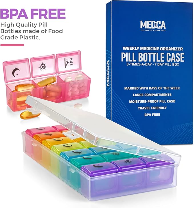 Weekly Pill Organizer Case – 3-Times-a-Day Pill Box - Large Plastic Dispenser with 7-Daily Morning Noon & Night Compartments for Pills, Supplements, Fish Oils and Vitamins