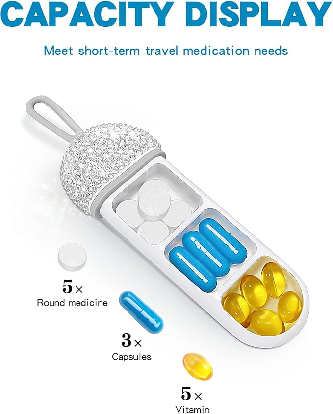 Yivaiks Bling Travel Pill Organizer Crystal Rhinestone 3 Compartments Portable Pill Case Daily Pill Box to Hold Vitamins Small Pill Container for Pocket Purse Medicine Organizer(White)