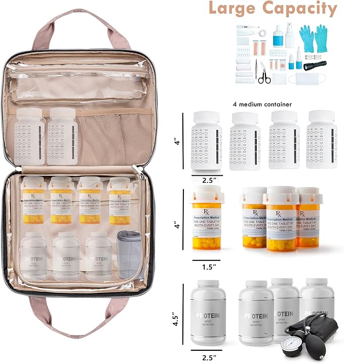 BAGSFY Medicine Bag for Traveling, Pill Bottle Organizer Storage, Large Medication Travel Case, Pills Box for Vitamin, First Aid Kit Bags Empty. (Comes with Weekly Pill Organizer)